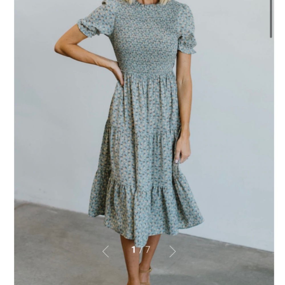 Baltic Born Skylar Blue Floral Smocked Midi Dress - Size Small